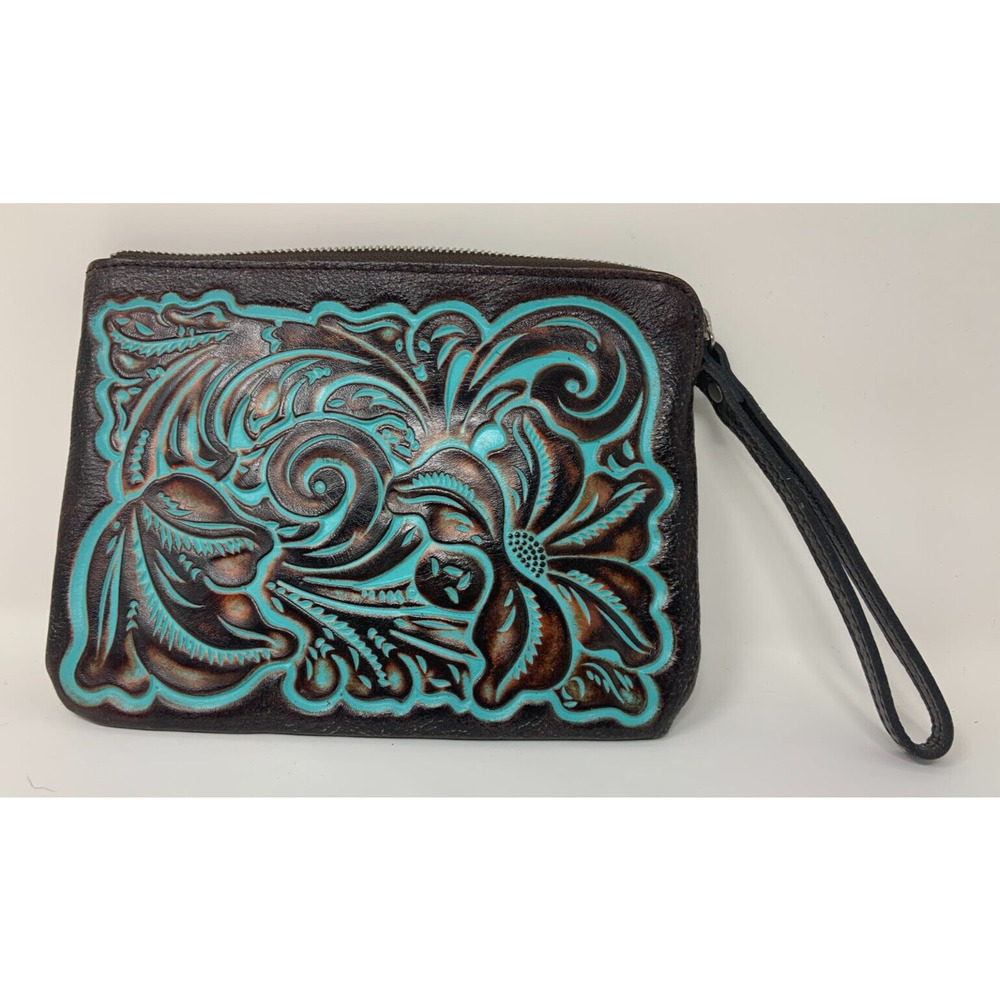 Patricia Nash Isla Oblong Cosmetic Bag Case Tooled Turquoise Floral Make Up Bag